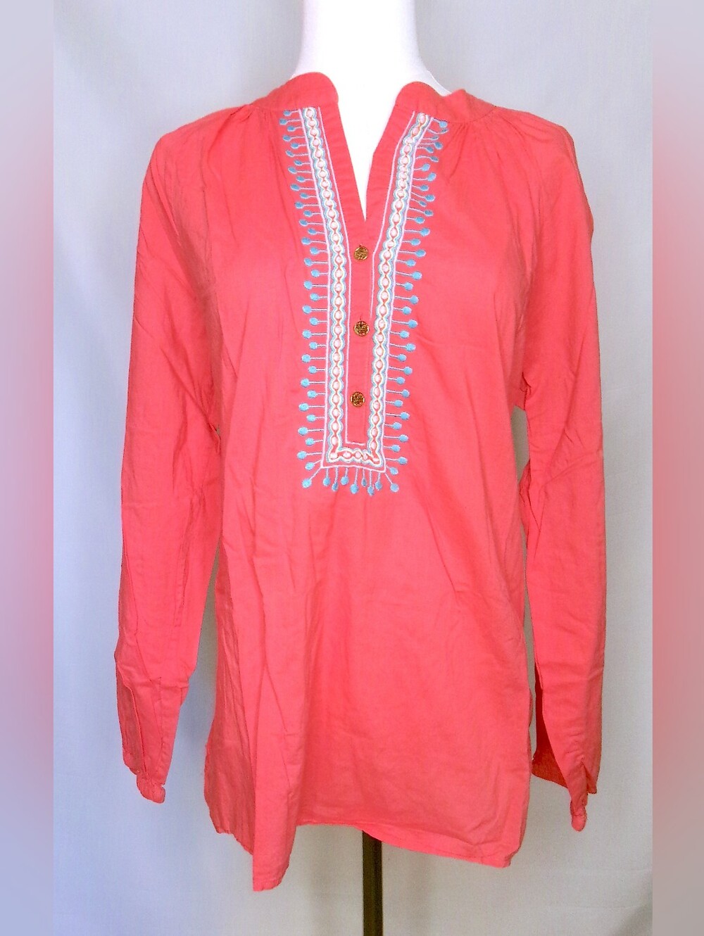 Lilly Pulitzer Coral Embroidered Cotton Tunic Top L